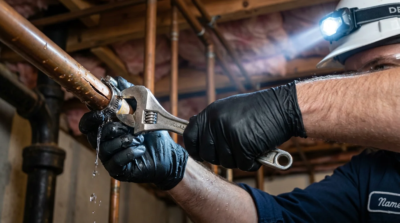 Emergency pipe clamp repair being performed by a Johns Plumbing LLC plumber in Sulligent